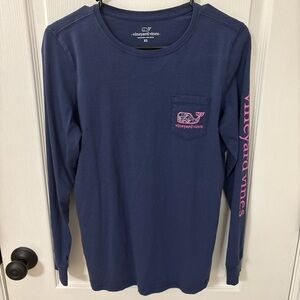 Vineyard Vines Navy Long Sleeve Tee with Pink Logo and Sleeve Text